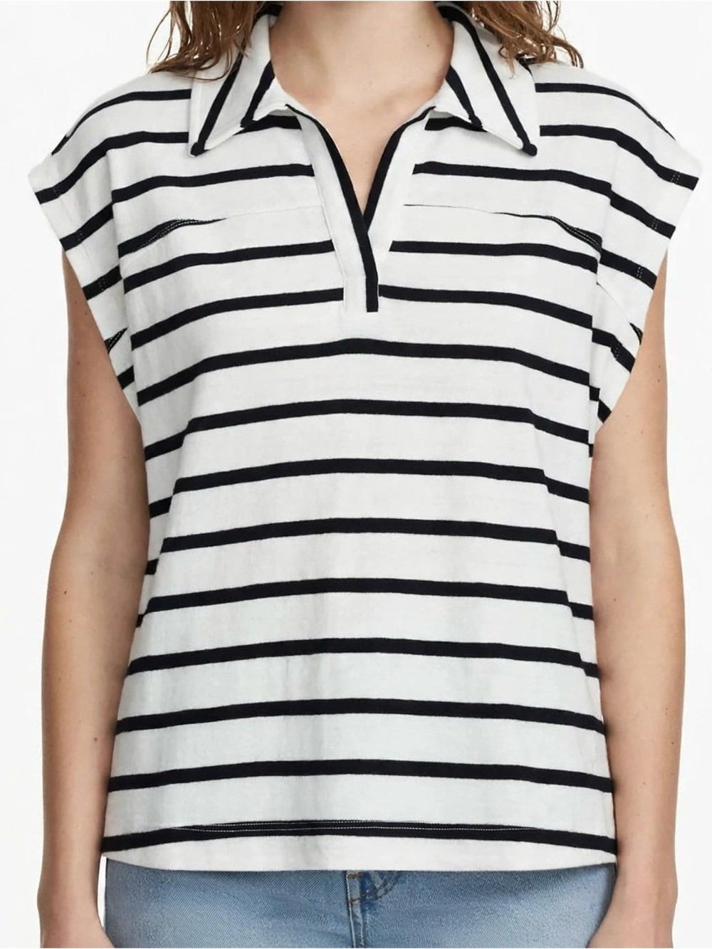 Westbound Petites PL
Sleeveless Polo Shirt White Navy Striped 100% Cotton NWT